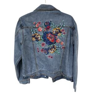 VOGE Embroidered Denim Jacket Boho Floral Jean Jacket Vintage Festival Western L